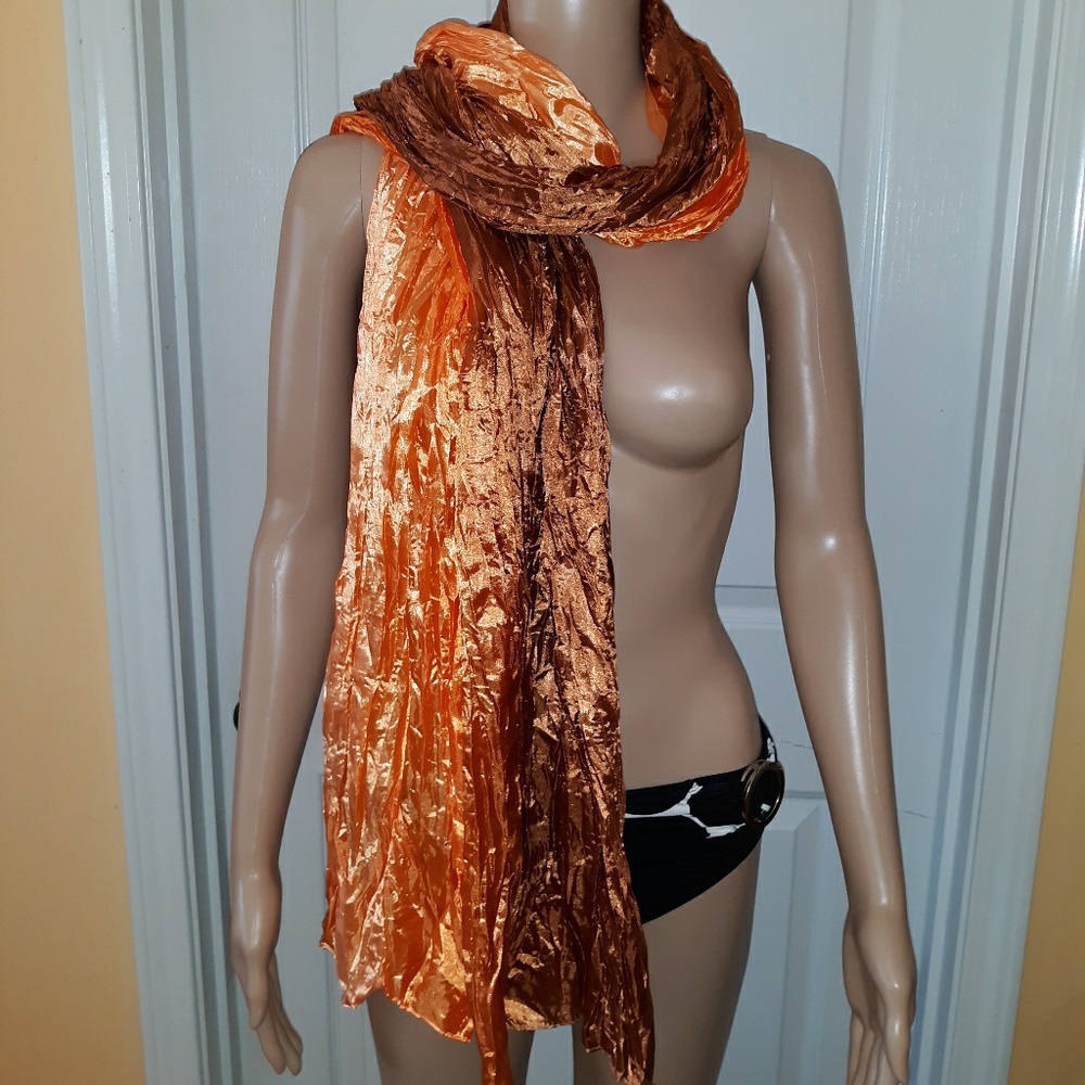 Stunning and large orange and brown satin scarf
